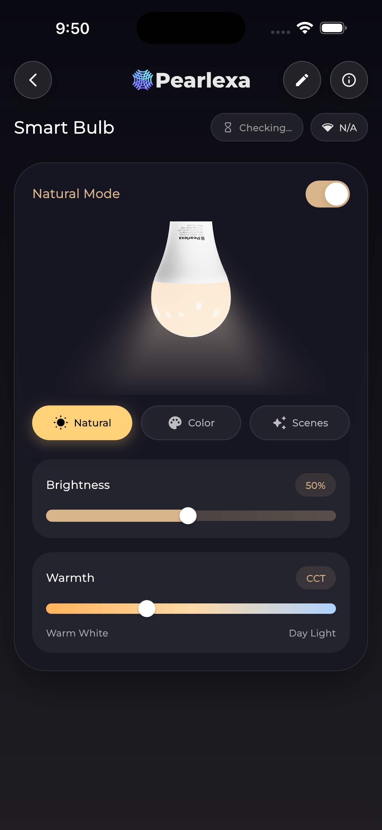 Pearlexa app interface used to set up and control Orbit smart lighting