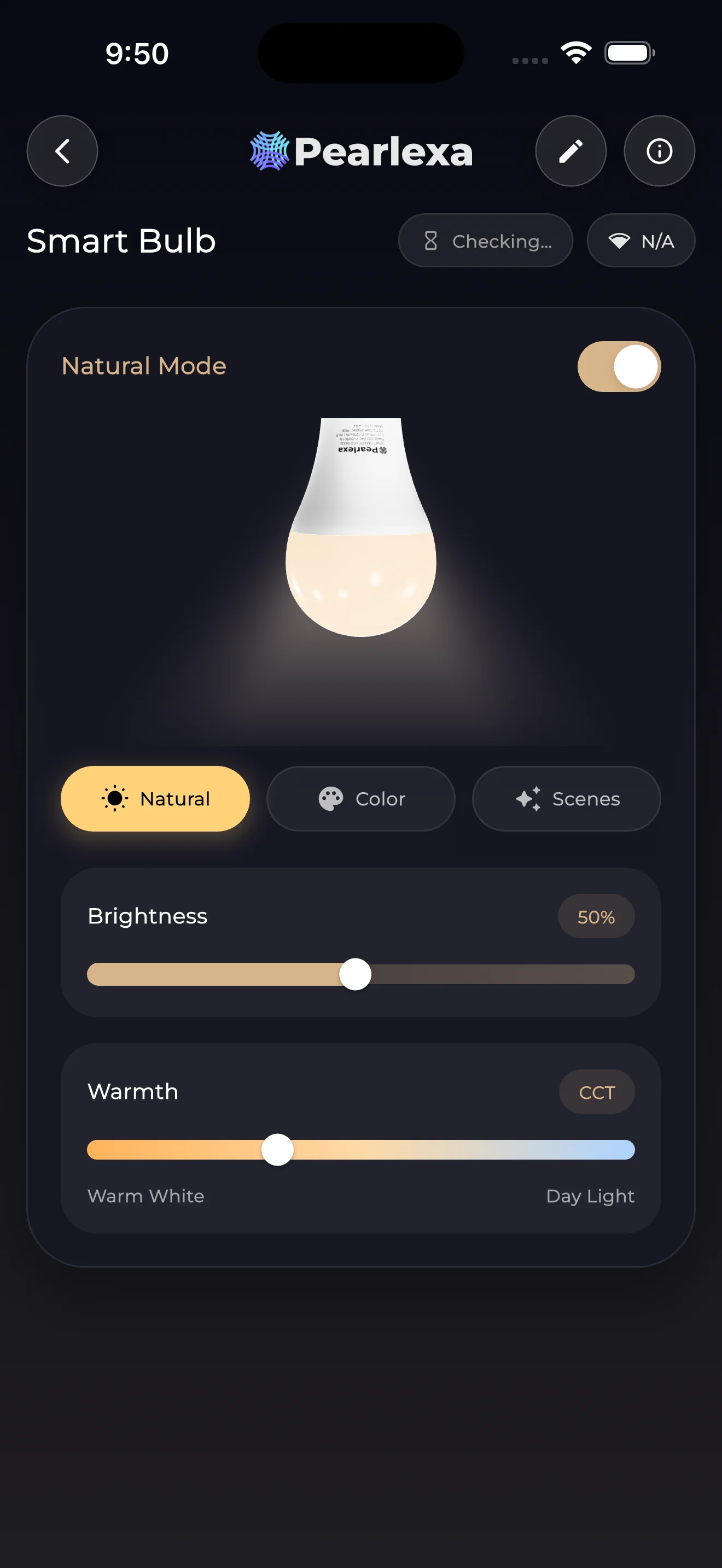 Pearlexa app interface used to set up and control Orbit smart lighting